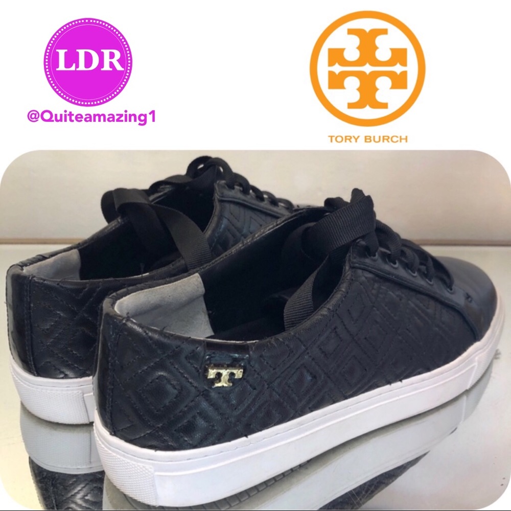 Tory Burch Black Leather Marion Quilted Sneakers - Picture 1 of 8